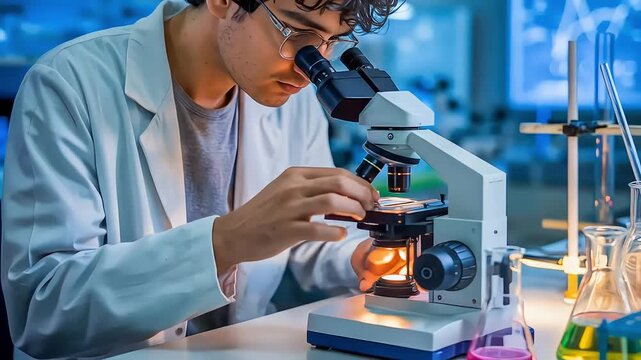 A close-up view of a focused scientist adjusting a sample under a microscope in a modern, high-tech laboratory