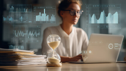Businesswoman, data analytics, artificial intelligence, and digital graphs with futuristic interface, working at laptop in modern office, hourglass and document stack symbolize time management