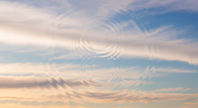 Abstract concept background of surreal sky with water ripple effect, fantasy dreamlike scene showing gentle clouds reflected in peaceful liquid for meditation or philosophy