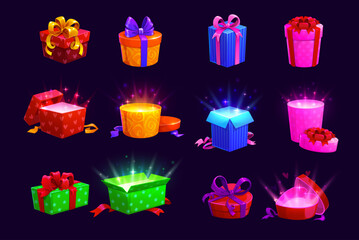 Christmas cartoon magic open gift boxes for game prize or surprise present, vector icons. Giftboxes open with red and golden ribbons with magic shine and sparkles for game prize or gift bonus award © Vector Tradition
