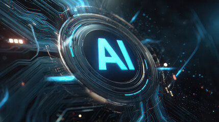 Futuristic AI technology interface, glowing blue circuit lines, digital data analytics, artificial intelligence innovation, modern database system, high tech background