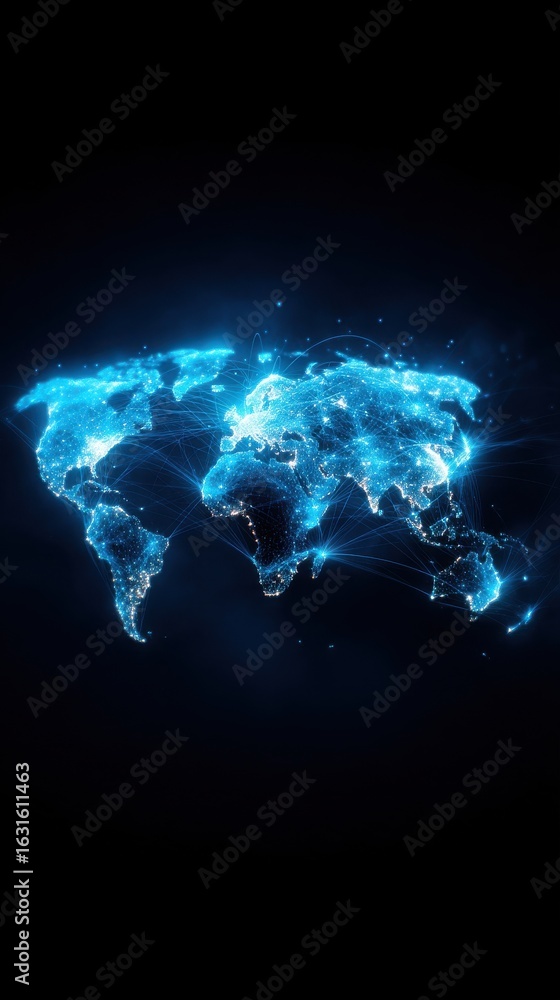 Poster a digital map of the world illuminated with glowing blue lights, representing global connectivity an