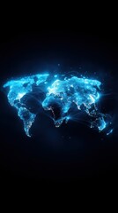 A digital map of the world illuminated with glowing blue lights, representing global connectivity and networks.