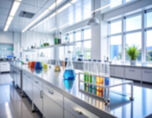 Soft, blurred background of a spacious, modern science laboratory. A clean and bright atmosphere with scientific equipment and natural light