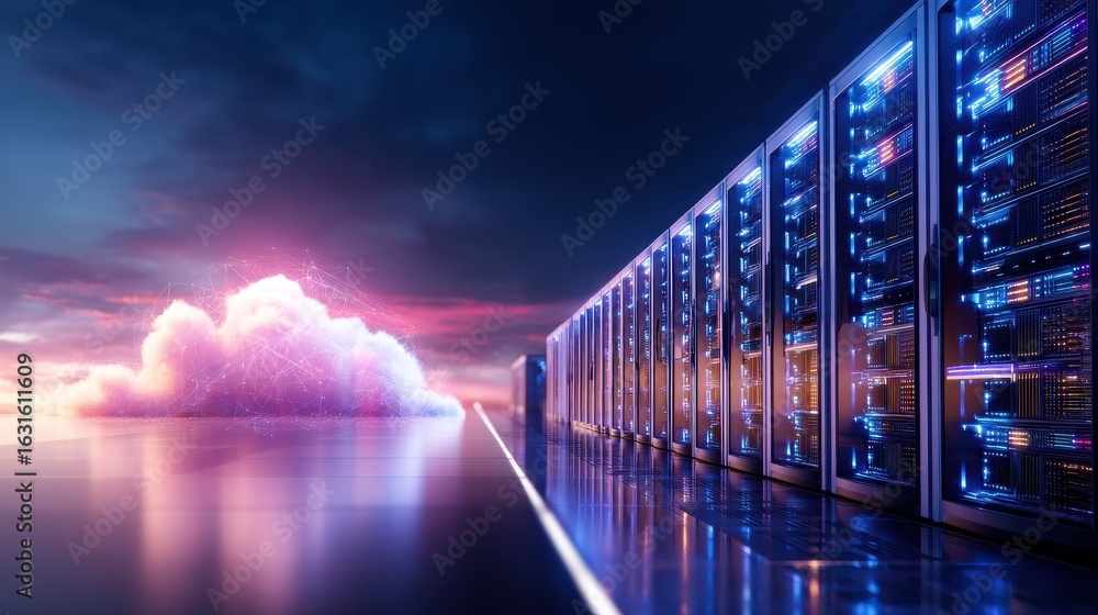 Poster a futuristic server room with illuminated technology, showcasing a digital cloud formation in the ba