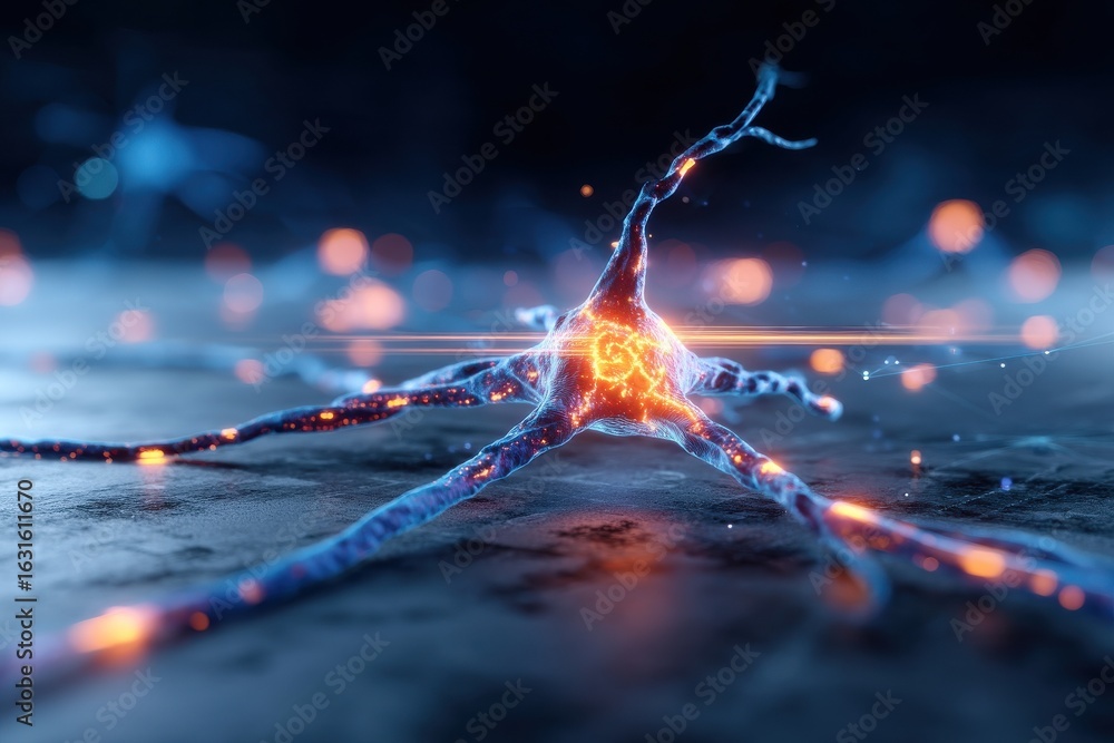 Poster a glowing neuron with intricate connections, representing the complexity of the nervous system and e