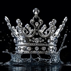 Fototapeta premium A majestic silver crown adorned with sparkling diamonds emerges from a dramatic water splash, symbolizing royal power and regal elegance on an isolated black background