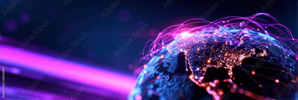 Poster a vibrant digital representation of earth showcasing interconnected networks of data and technology 
