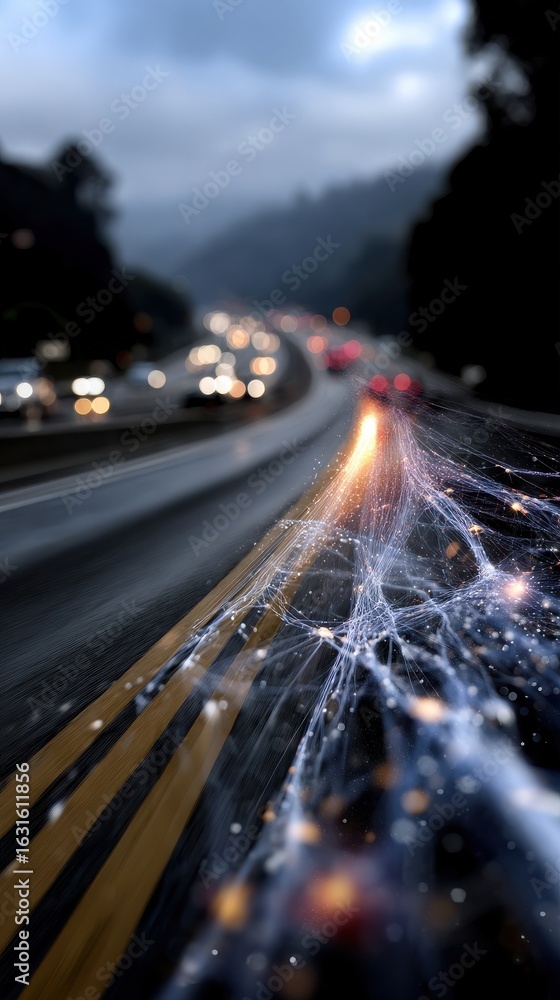 Poster a dynamic image of a highway with light trails and a blurred background, creating a sense of speed a