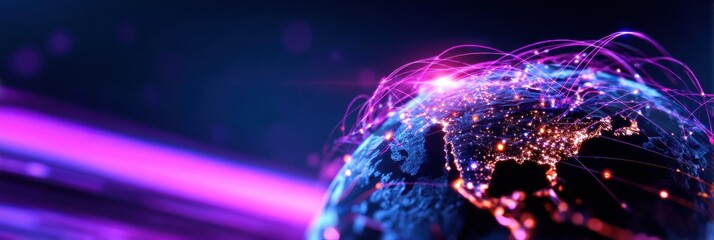 A vibrant digital representation of Earth showcasing interconnected networks of data and technology in a dynamic, futuristic style.