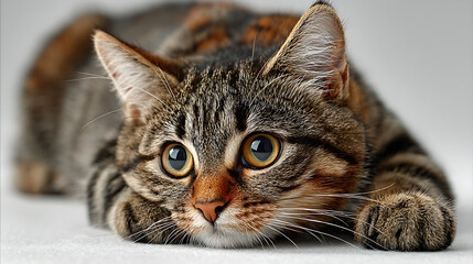 World animal day closeup portrait of a cute tabby cat with big eyes, resting on a white surface