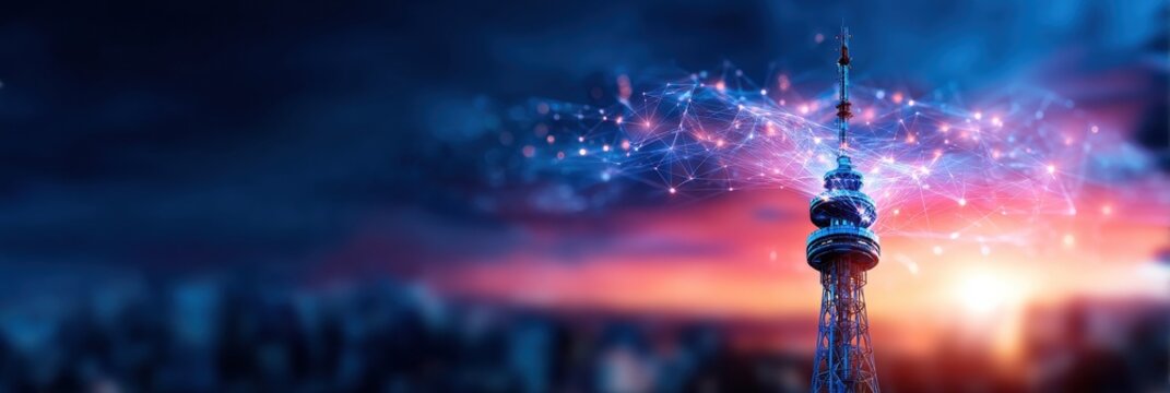 A futuristic skyline featuring a tower illuminated against a dramatic sunset, connected by vibrant digital lines, symbolizing technology and innovation.
