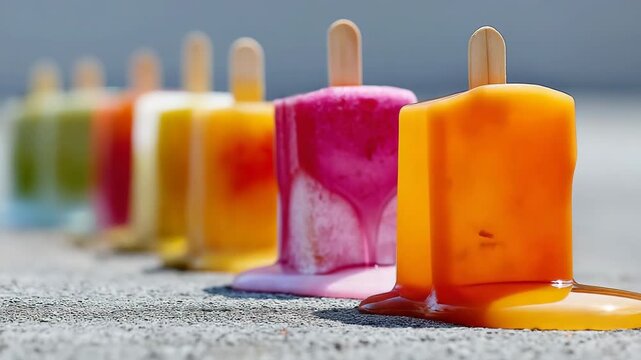 A row of colorful ice cream pops with one of them dripping with yellow syrup. Concept of fun and indulgence, as the pops are arranged in a visually appealing manner