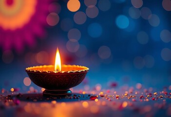 Glowing diya on blue bokeh, sparkling lights Happy Diwali celebration background,  celebration,  dark