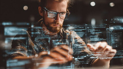 Young man with glasses working on computer code in modern office, focused on data analytics and artificial intelligence technology, illuminated by digital screens and futuristic interface