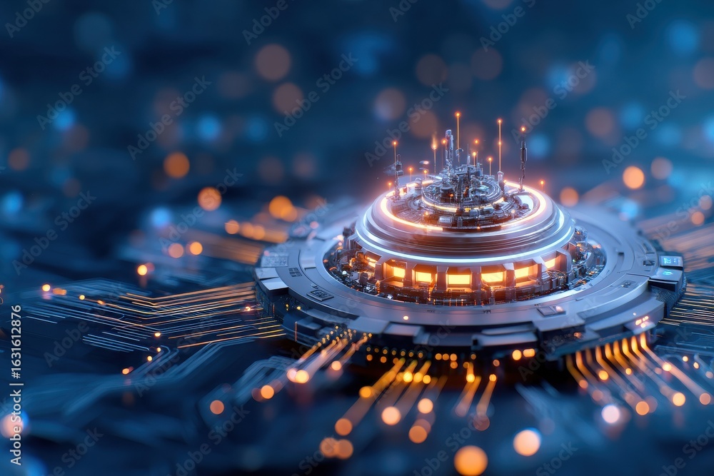 Poster a futuristic, illuminated technology hub surrounded by intricate circuitry, showcasing advanced digi