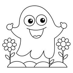 Adorable cartoon ghost with flowers in a grassy landscape garden nature