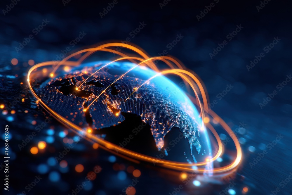 Poster a digital globe showcasing interconnected networks with glowing paths, symbolizing global communicat