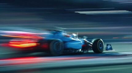 Race car speeds on a track under bright artificial lights, illuminating its sleek design and blur of motion; concept of high-speed racing and vibrant night events.