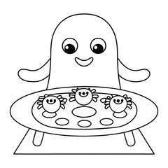 Cute cartoon ghost holding a tray with three spiders for Halloween vector illustration