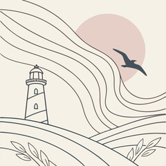 Illustration of a lighthouse with a seagull flying in front of a sun and wavy lines representing water, art