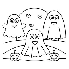 Three happy cartoon ghosts and two jack-o-lanterns on a hill under a large moon halloween pumpkin