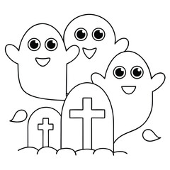 Three happy cartoon ghosts hovering over tombstones with crosses on a white background character