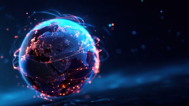 A vibrant, digital depiction of Earth, showcasing interconnected networks of lights representing global connectivity and technology.