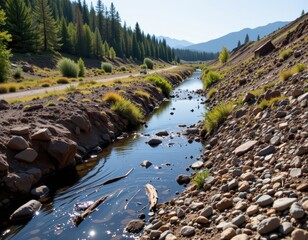 Naklejka premium heavy metal contamination from mining tailings accumulates in soil and water impacting food chains and posing risks to human and wildlife health.