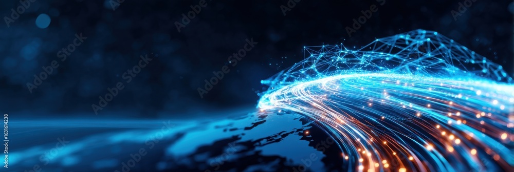 Poster a futuristic digital landscape featuring glowing connections and flowing data streams over a dark ba