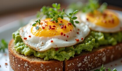 Sunny side up egg avocado toast on whole grain bread topped with chili flakes.