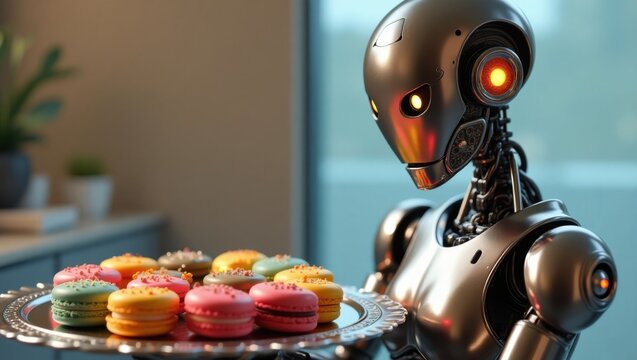 Futuristic robot assistant serves colorful French macarons on a silver platter in a bright modern setting - Powered by Adobe