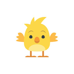 Illustration of a cute yellow chick with small wings standing on two thin legs against white background