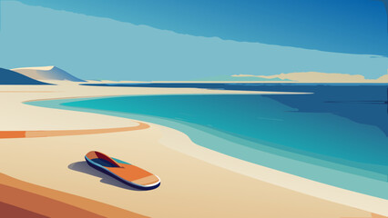 Fototapeta premium A serene beach scene featuring a colorful boat resting on the golden sands under a clear blue sky.