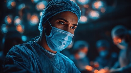 Skilled surgeon performing a critical procedure in an operating room filled with focused medical staff during surgery