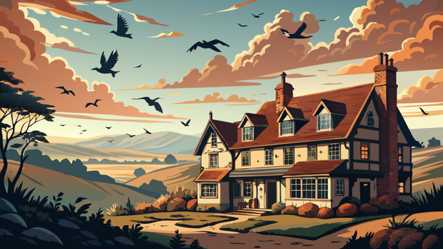 A charming countryside house surrounded by rolling hills and a dramatic sky filled with birds.