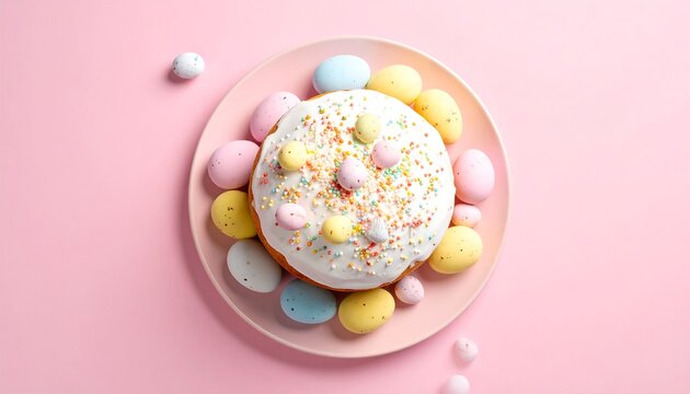Easter cake decorated with icing and pastel candy eggs on a pink plate