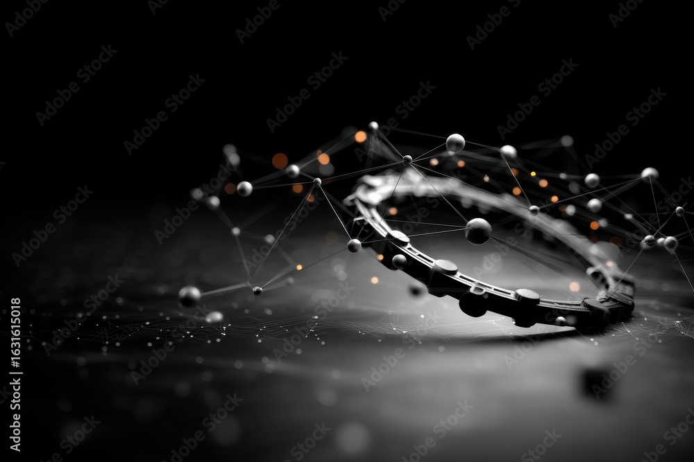 Poster a close-up view of a circular object surrounded by abstract geometric shapes and particles, creating