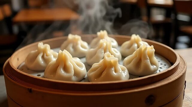Steaming hot xiao long bao dumplings in bamboo steamer, perfect for food videos and restaurant promos