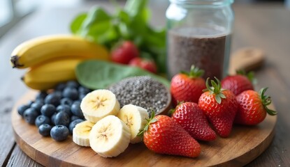 Clean eating food prep on wooden board, A mix of fresh fruits and chia seeds.