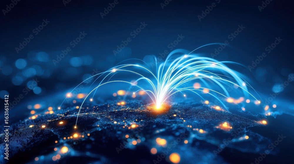 Poster a digital visualization of a network connection emanating from a geographic point, showcasing glowin