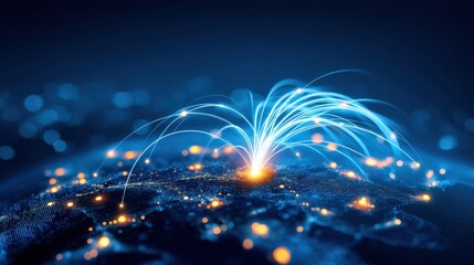 A digital visualization of a network connection emanating from a geographic point, showcasing glowing lines and nodes on a dark, textured map.