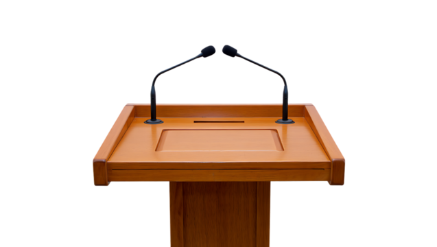 Empty wooden podium with two microphones ready for a speech or presentation event isolated on black background