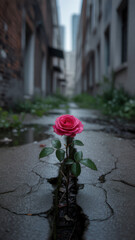 A single rose growing through a crack in the concrete on an urban street