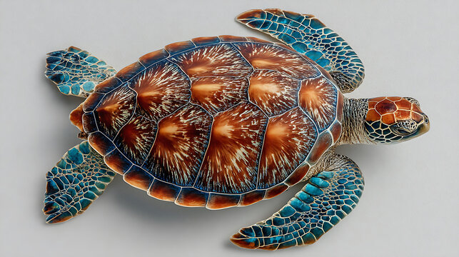 World animal day a detailed closeup studio shot of a sea turtle with brown and blue shell and flippers isolated on white background