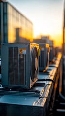 An air compressor unit installed on a rooftop in the city, showcasing urban infrastructure and utility management.
