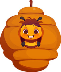Cartoon honey bee character peeking out of a round wild honeycomb hive, smiling joyfully. Vector cheerful honeybee personage. Funny insect with expressive face conveys happiness and summertime vibes