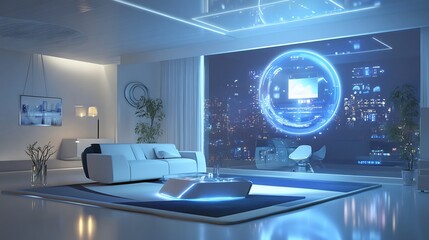 Futuristic projector with holographic capabilities displaying a 3D image above the device in a modern tech filled room with minimalist decor and innovative design elements