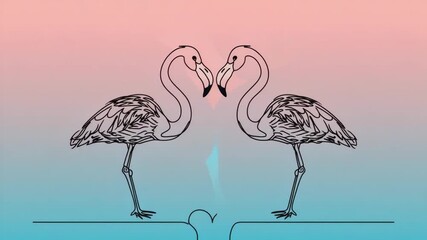 Minimalist illustration, Two flamingos forming a heart shape with their necks, soft pastel pink and blue background, delicate and poetic composition
