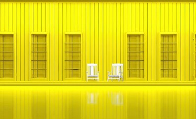 Obraz premium Yellow room with white chairs and display shelves
